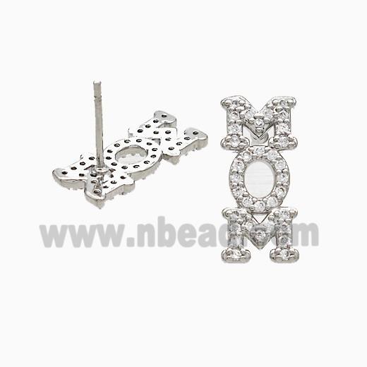 Copper MOM Stud Earrings Pave Zirconia Platinum Plated