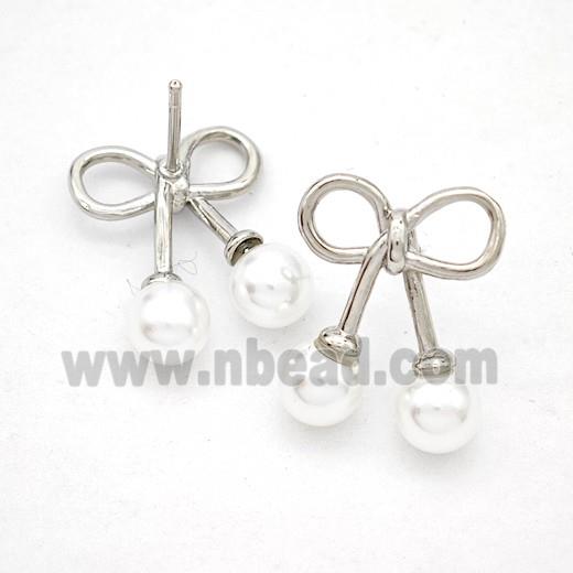 Copper Bowknot Stud Earrings Pave Pearlized Resin Platinum Plated