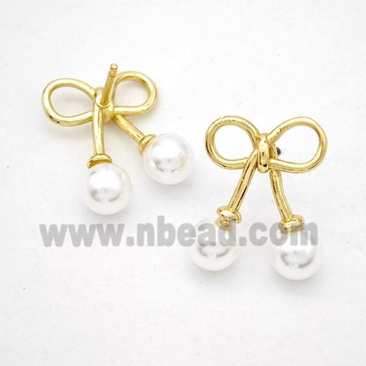 Copper Bowknot Stud Earrings Pave Pearlized Resin old Plated