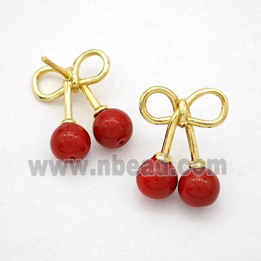 Copper Bowknot Stud Earrings Pave Red Pearlized Resin Gold Plated