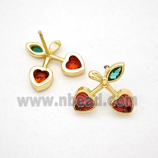 Copper Cherry Stud Earrings Pave Zirconia Gold Plated