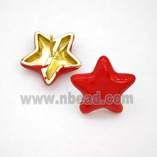 Copper Star Stud Earrings Red Enamel Gold Plated
