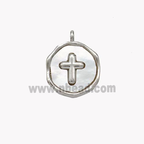 Copper Cross Pendant Pave Shell Circle Platinum Plated