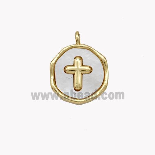 Copper Cross Pendant Pave Shell Circle Gold Plated