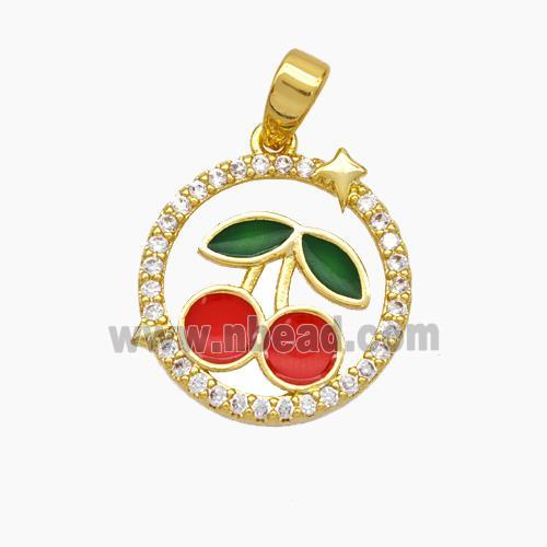 Copper Cherry Pendant Pave Zirconia Red Green Enamel Gold Plated