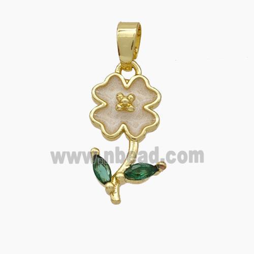 Copper Flower Pendant Pave Zirconia White Enamel Gold Plated