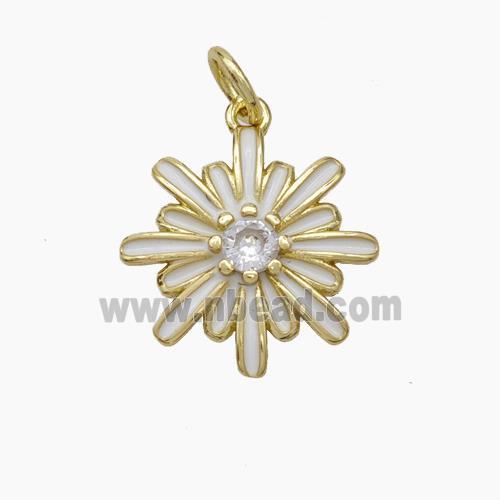 Copper Flower Pendant Pave Zirconia White Enamel Gold Plated