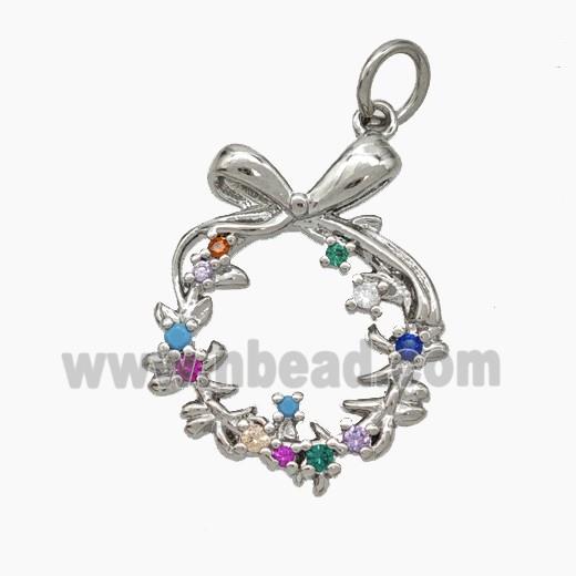 Christmas Wreath Charms Copper Pendant Pave Zirconia Platinum Plated