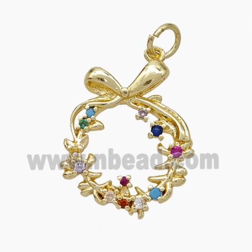 Christmas Wreath Charms Copper Pendant Pave Zirconia Gold Plated