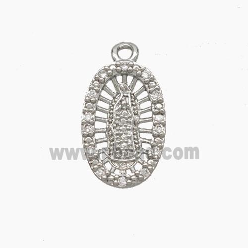 Virgin Mary Charms Copper Pendant Pave Zirconia Platinum Plated