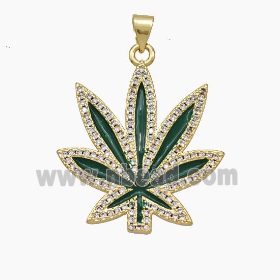 Copper Maple Leaf Pendant Pave Zirconia Green Enamel Gold Plated