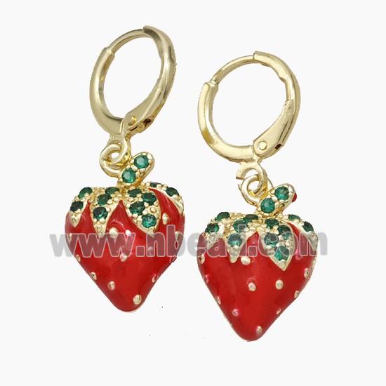 Copper Strawberry Hoop Earrings Pave Zirconia Red Enamel Gold Plated