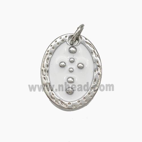 Copper Oval Pendant Cross White Enamel Platinum Plated
