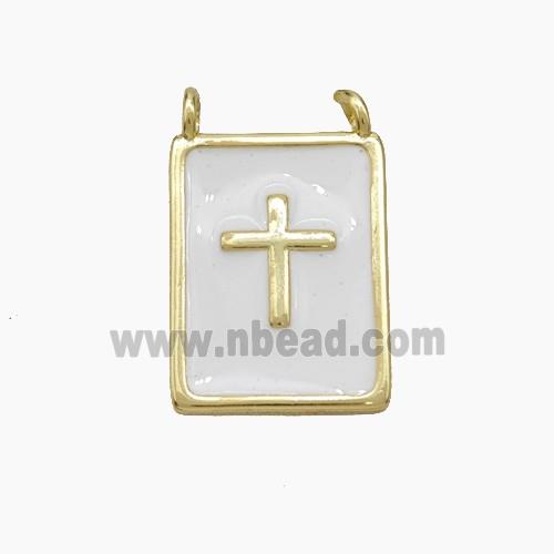 Copper Cross Rectangle Pendant White Enamel Gold Plated