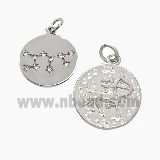 Copper Circle Pendant Pave Zirconia Zodiac Sagittarius Platinum Plated