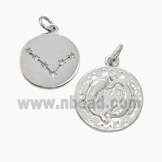 Copper Circle Pendant Pave Zirconia Zodiac Pisces Platinum Plated