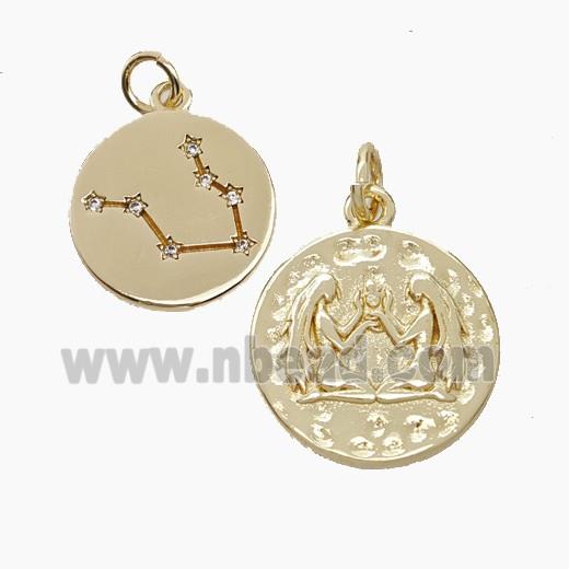 Copper Circle Pendant Pave Zirconia Zodiac Gemini Gold Plated