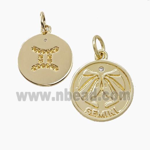 Zodiac Gemini Copper Circle Pendant Pave Zirconia Gold Plated