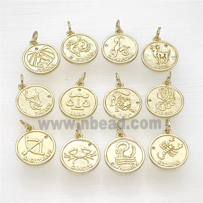 Copper Zodiac Circle Pendant Pave Zirconia Gold Plated Mixed
