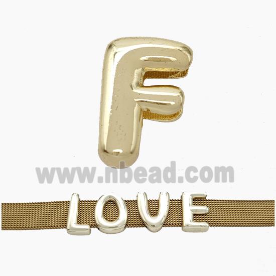 Copper Watchband Beads Letter-F Flat Hole Gold Plated