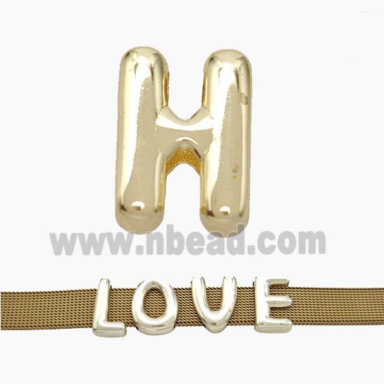 Copper Watchband Beads Letter-H Flat Hole Gold Plated