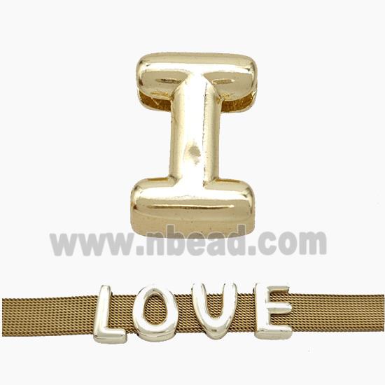 Copper Watchband Beads Letter-I Flat Hole Gold Plated