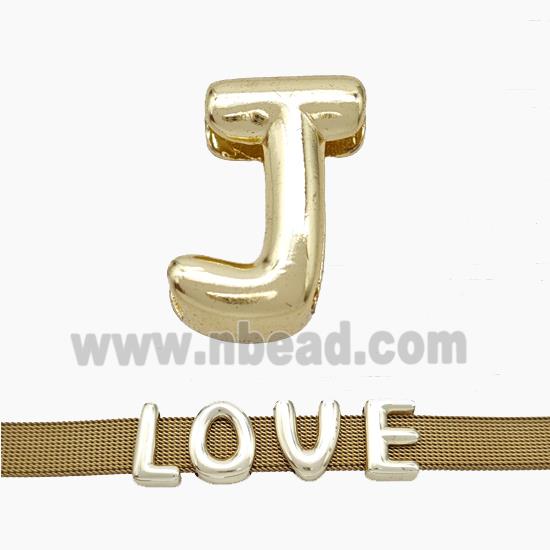 Copper Watchband Beads Letter-J Flat Hole Gold Plated