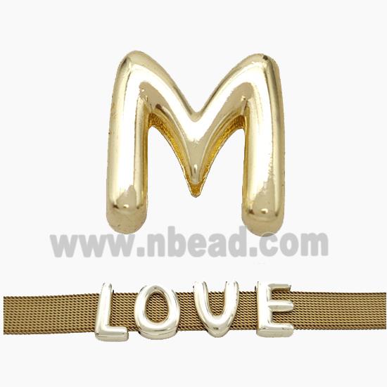 Copper Watchband Beads Letter-M Flat Hole Gold Plated