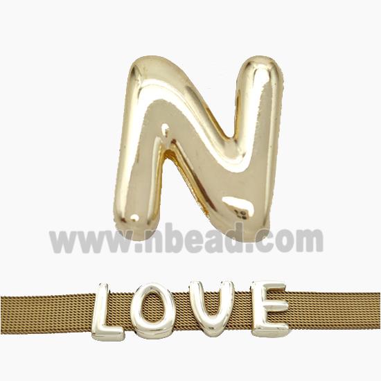 Copper Watchband Beads Letter-N Flat Hole Gold Plated