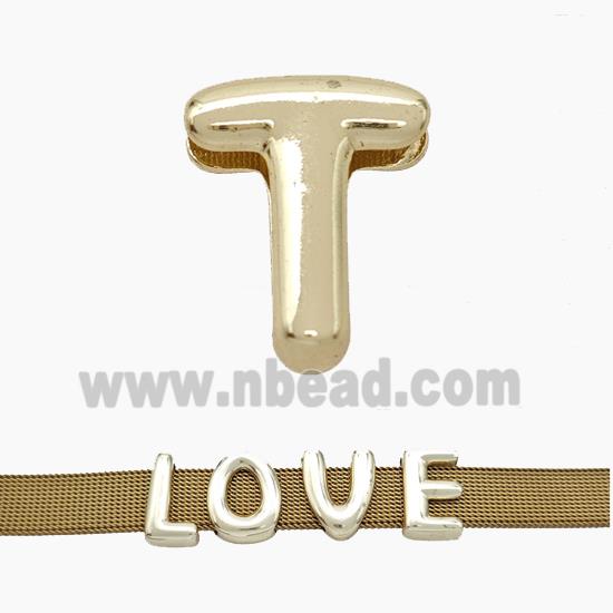 Copper Watchband Beads Letter-T Flat Hole Gold Plated