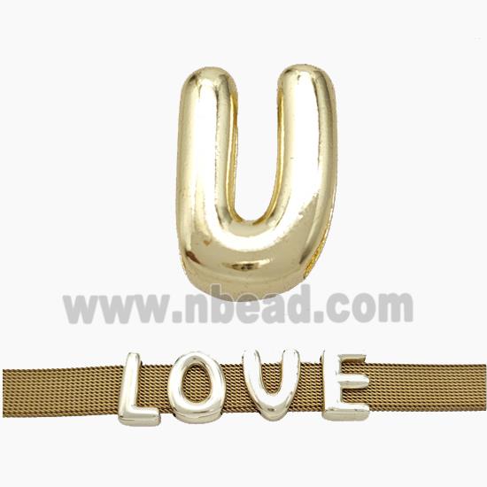 Copper Watchband Beads Letter-U Flat Hole Gold Plated