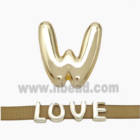 Copper Watchband Beads Letter-W Flat Hole Gold Plated
