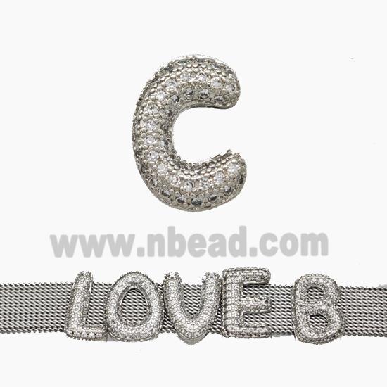 Copper Watchband Beads Pave Zirconia Letter-C Flat Hole Platinum Plated