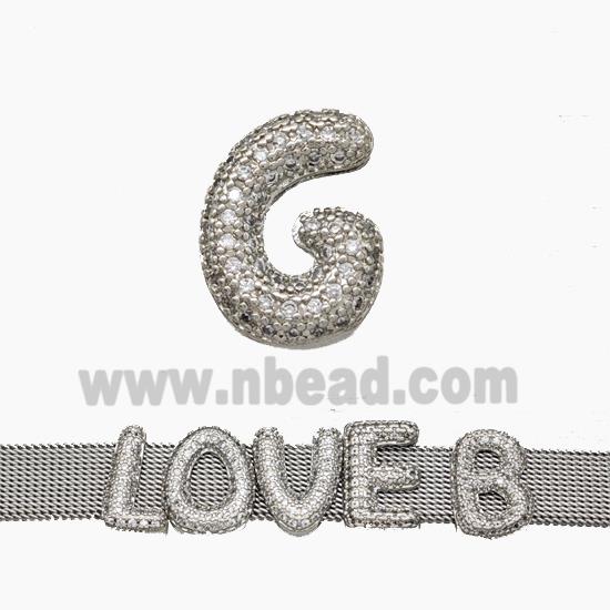 Copper Watchband Beads Pave Zirconia Letter-G Flat Hole Platinum Plated
