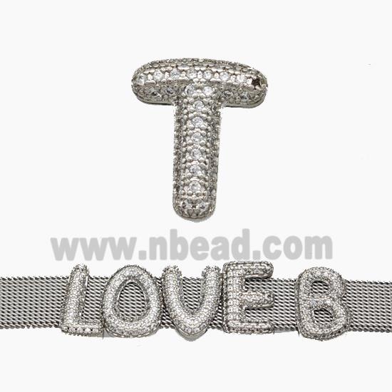 Copper Watchband Beads Pave Zirconia Letter-T Flat Hole Platinum Plated