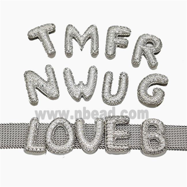 Copper Watchband Alphabet Beads Pave Zirconia Flat Hole Platinum Plated Mix Letters