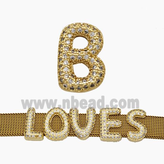 Copper Watchband Beads Pave Zirconia Letter-B Flat Hole Gold Plated