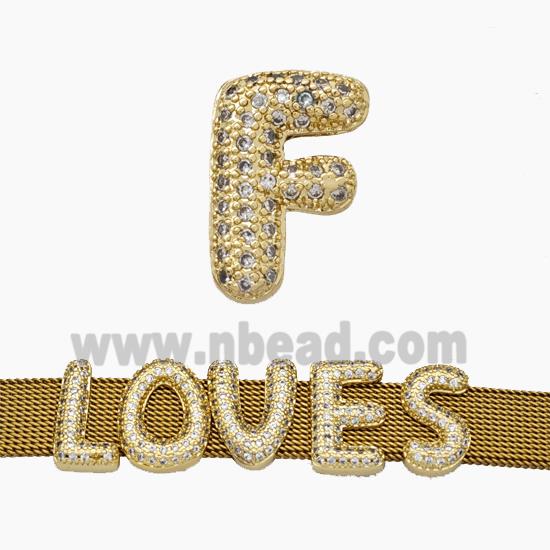 Copper Watchband Beads Pave Zirconia Letter-F Flat Hole Gold Plated