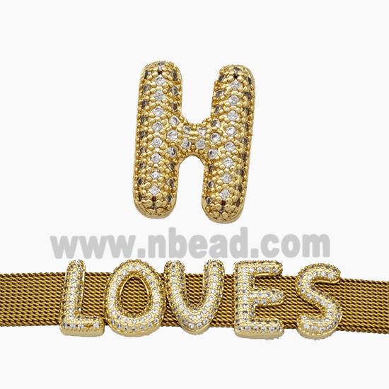 Copper Watchband Beads Pave Zirconia Letter-H Flat Hole Gold Plated