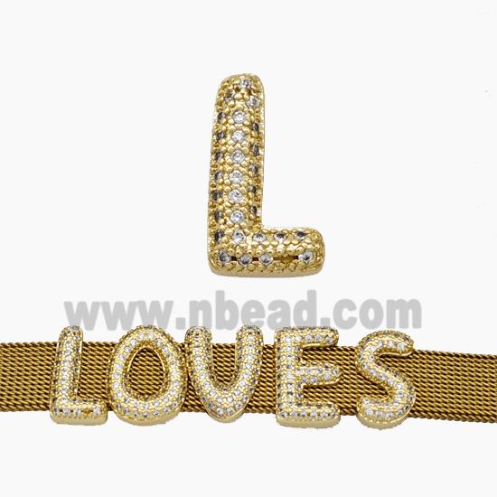 Copper Watchband Beads Pave Zirconia Letter-L Flat Hole Gold Plated
