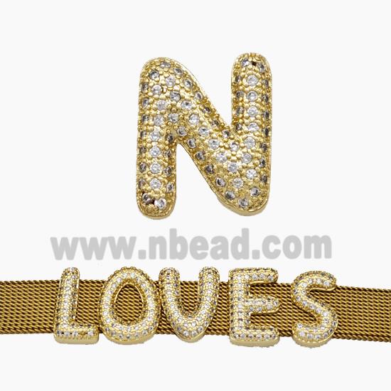 Copper Watchband Beads Pave Zirconia Letter-N Flat Hole Gold Plated