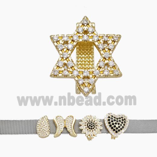 Copper Watchband Beads Pave Zirconia David Star Flat Hole Gold Plated