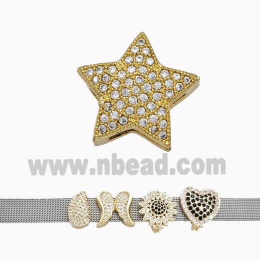 Copper Watchband Beads Pave Zirconia Star Flat Hole Gold Plated