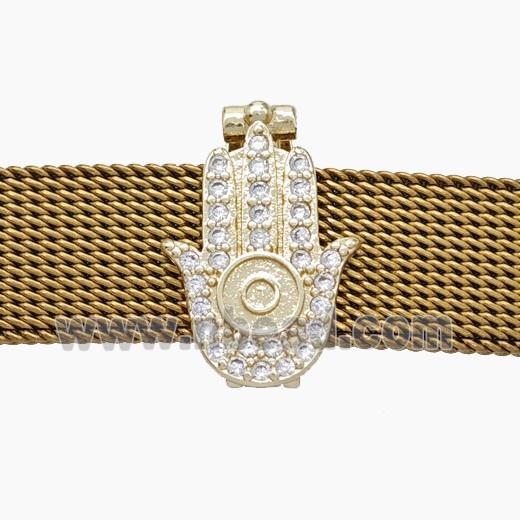Copper Watchband Beads Pave Zirconia Hamsahand Flat Hole Gold Plated