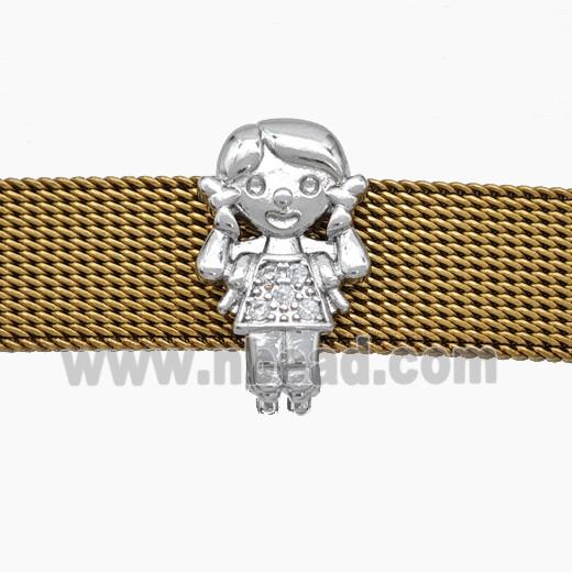 Copper Watchband Beads Pave Zirconia Kids Girl Flat Hole Platinum Plated