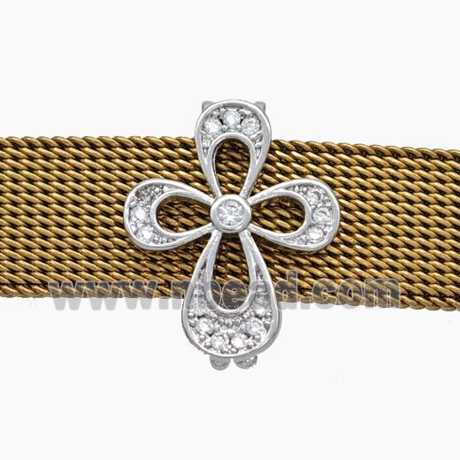 Copper Watchband Beads Pave Zirconia Cross Flower Flat Hole Platinum Plated
