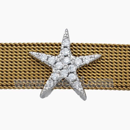 Copper Watchband Beads Pave Zirconia Star Flat Hole Platinum Plated