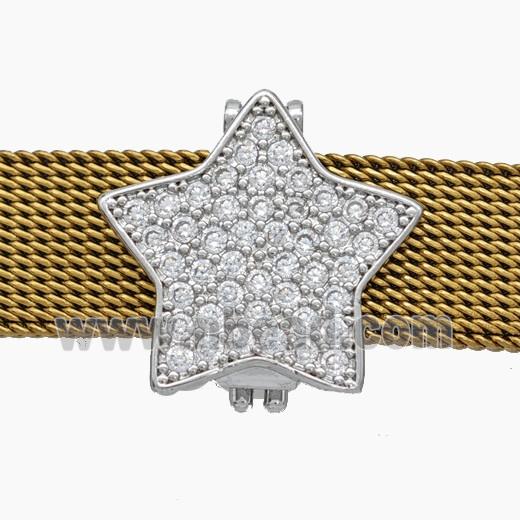 Copper Watchband Beads Pave Zirconia Star Flat Hole Platinum Plated