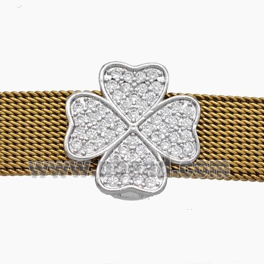 Copper Watchband Beads Pave Zirconia Heart Clover Flat Hole Platinum Plated