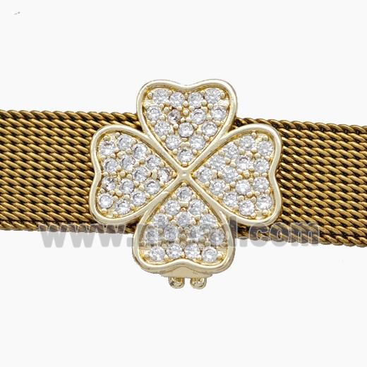 Copper Watchband Beads Pave Zirconia Heart Clover Flat Hole Gold Plated